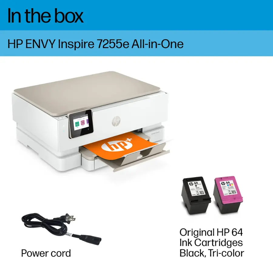 In the box, you'll find an HP ENVY Inspire 7255e All-in-One printer, along with a power cord and original HP 64 Ink Cartridges in black, tri-color, and cyan.