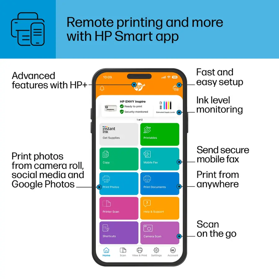 Remote Printing and More with HP Smart App: Advanced Features with HP+

1. Fast and Easy Setup
2. HP ENVY Inspire
3. Ink Level Monitoring
4. Instant Ink Level Monitoring
5. Get Supplies
6. Printables
7. Print Photos from Camera Roll, Social Media, and Google Photos
8. Copy Print Photos
9. Mobile Fax
10. Print Documents
11. Send Secure Mobile Fax
12. Print from Anywhere
13. Printer Scan
14. Help and Support
15. Shortcuts
16. Camera Scan
17. Scan on the Go
18. WL Home Scan
19. View & Print Settings
20. Account