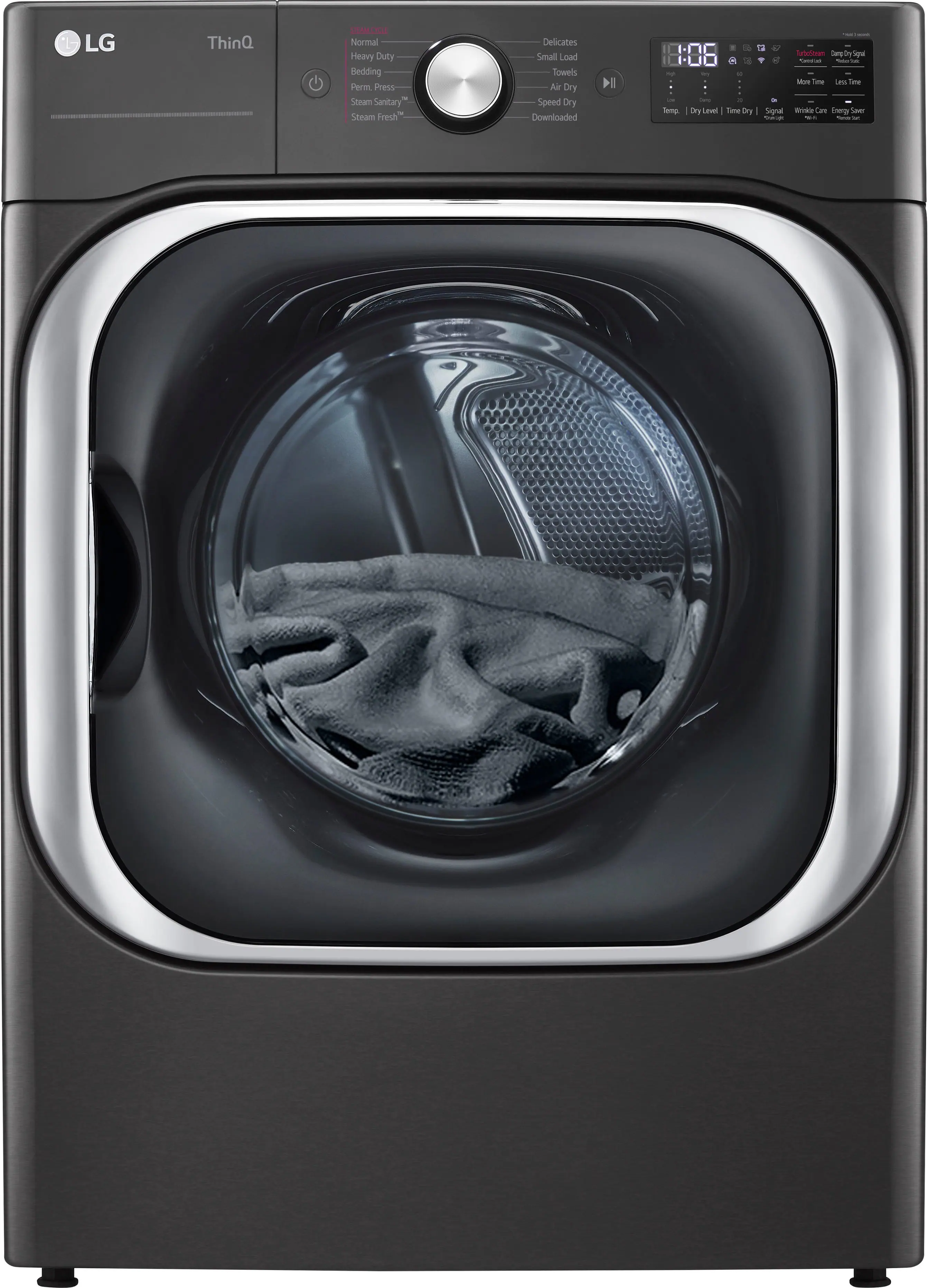 Front. LG - 9.0 Cu. Ft. Stackable Smart Gas Dryer with Steam and Built-In Intelligence - Black Steel.