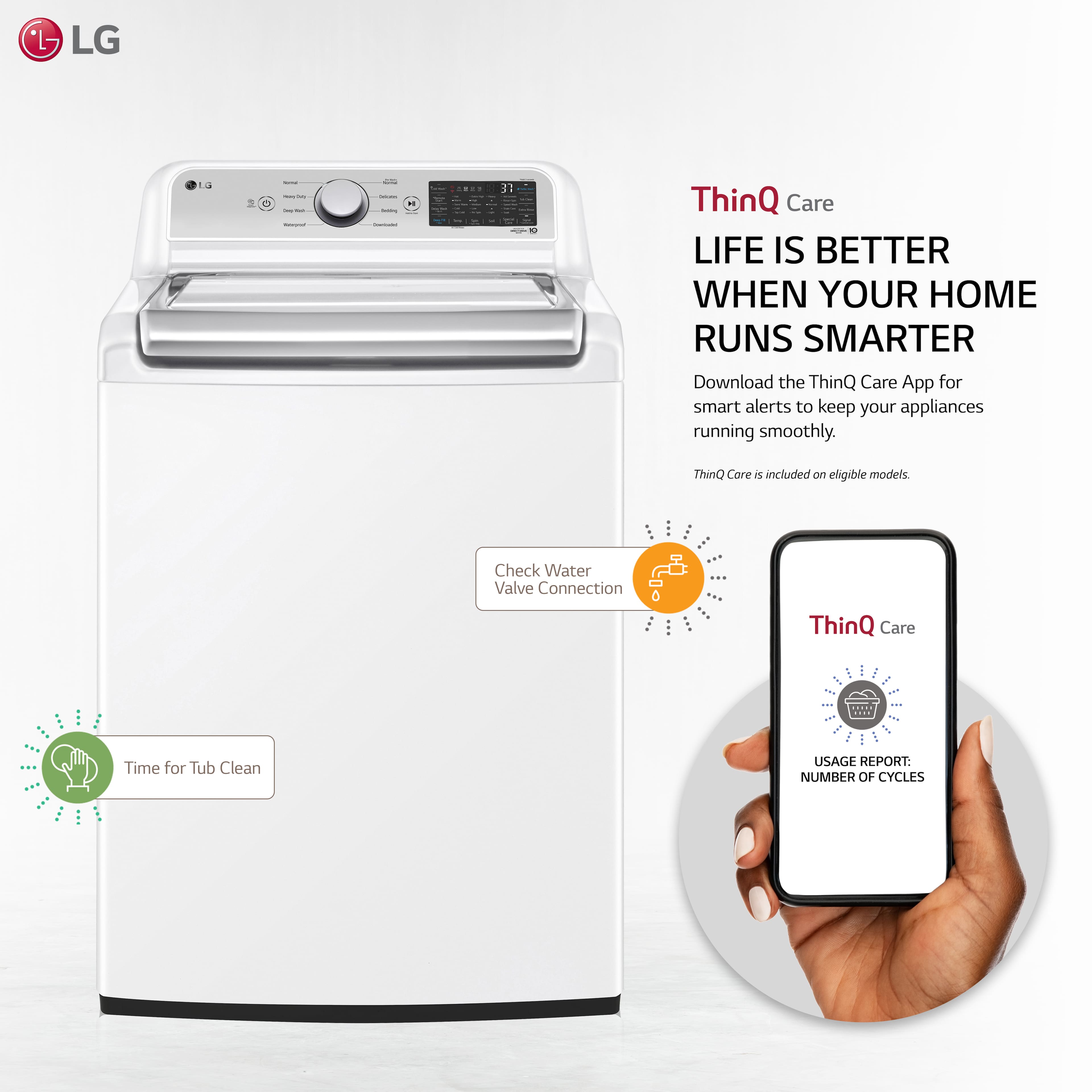 LG ThinQ Care: Life is better when your home runs smarter. Download the ThinQ Care App for smart alerts to keep your appliances running smoothly. ThinQ Core i included on eligible models. Check Water Valve Connection. ThinQ Care Time for Tub Clean. Usage Report: Number of Cycles.