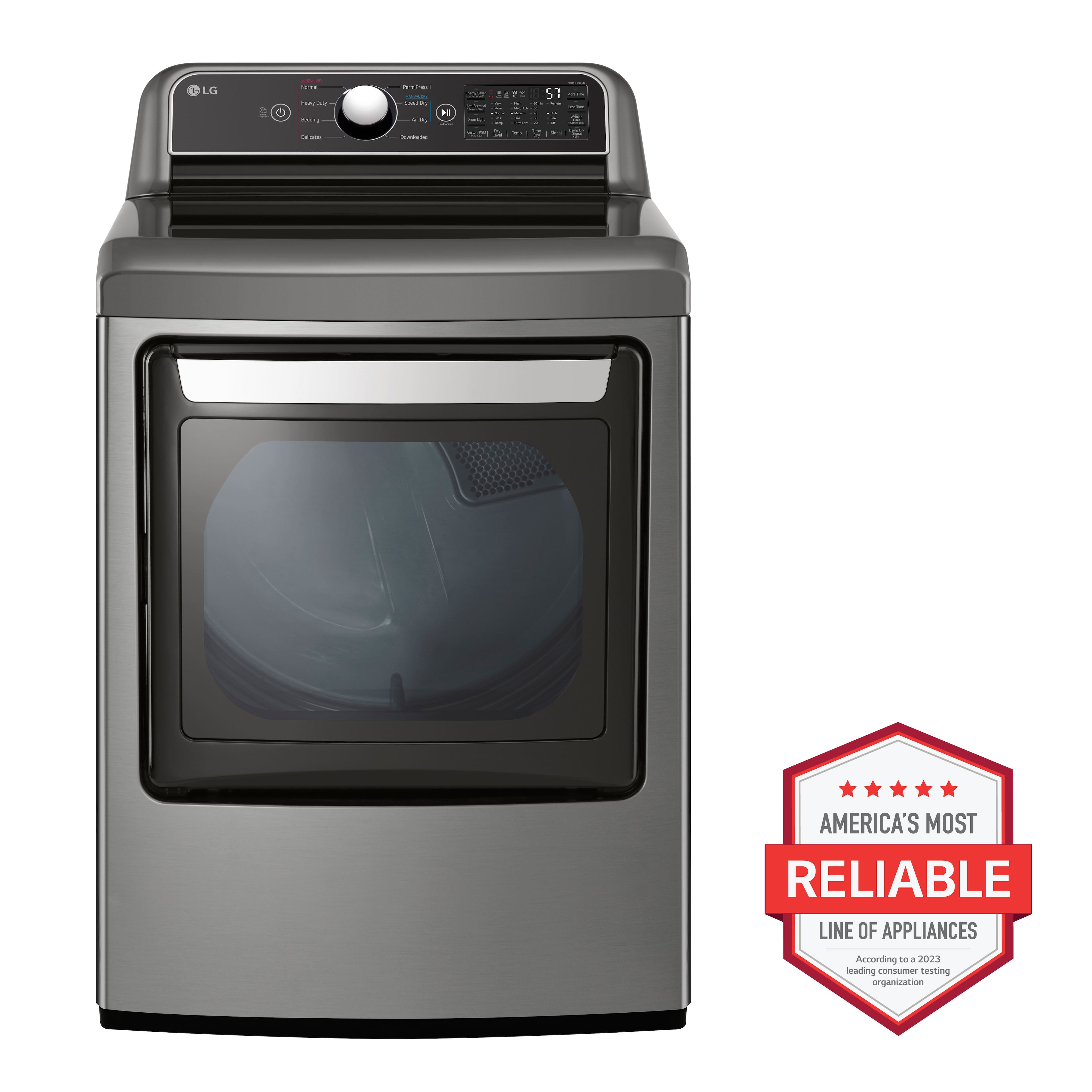The image features a large, silver electric dryer with a glass door. The dryer is a part of the LG brand, which is known for its reliability. The dryer is displayed in front of a white background, making it stand out prominently.