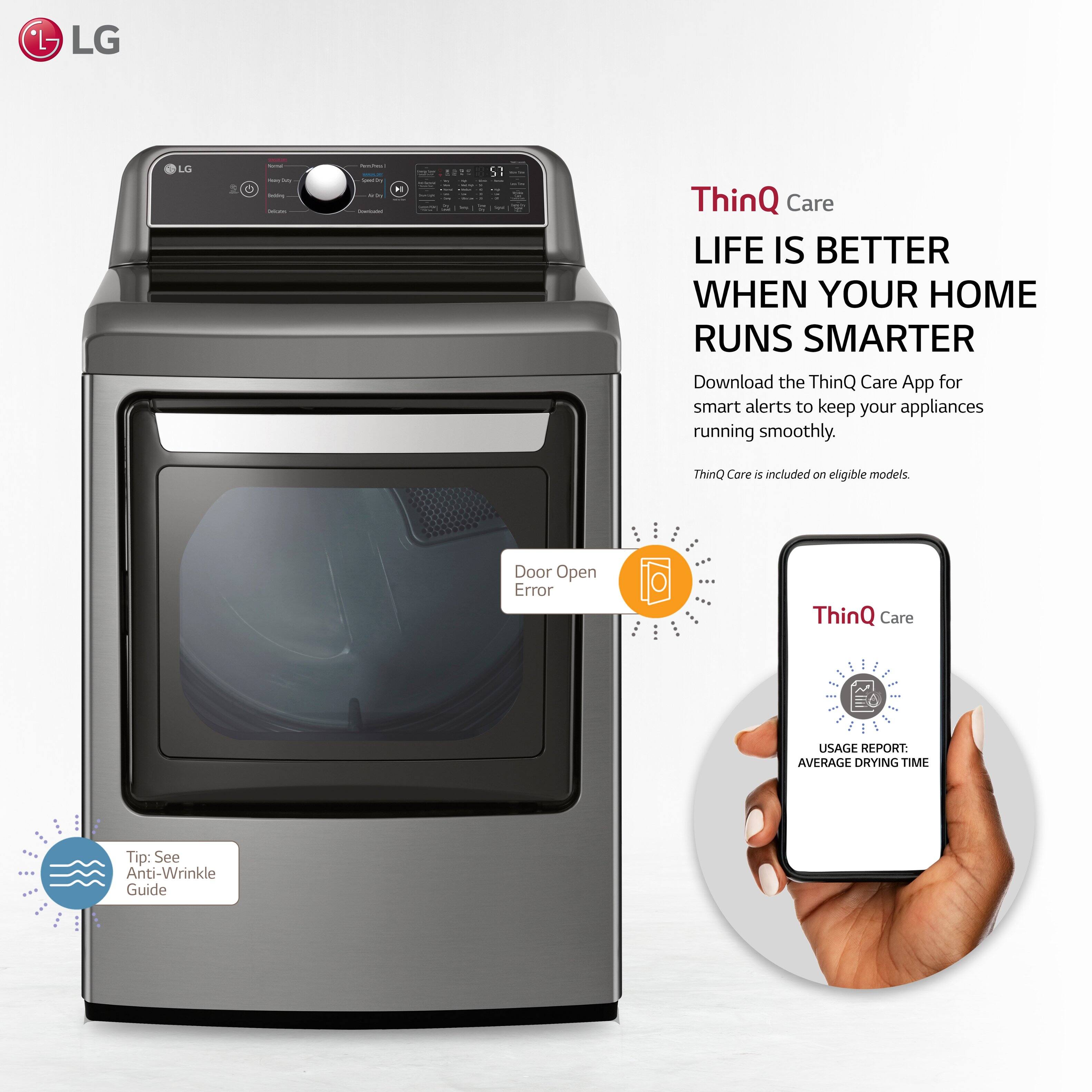 The image features a large LG dryer with a ThinQ Care app displayed on it. The app is designed to make your home run smarter by providing smart alerts to keep your appliances running smoothly. The app is available for download and includes the ThinQ Core, which is included on eligible models. The image also shows a person holding a cell phone, likely interacting with the app or checking the usage report for the dryer. The average drying time is displayed, along with a tip for using the anti-wrinkle guide.