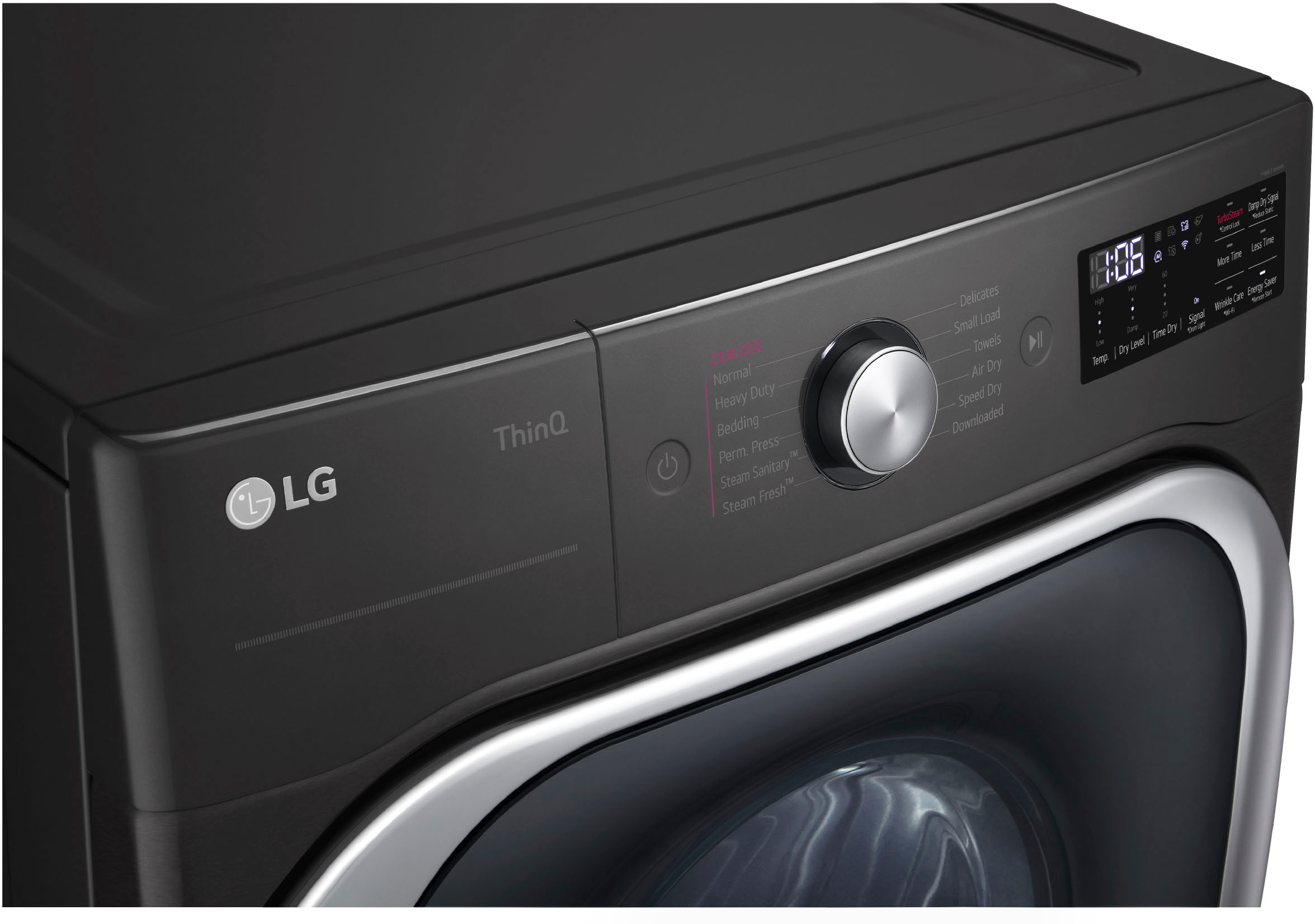 Angle View: LG - 9.0 Cu. Ft. Stackable Smart Electric Dryer with Steam and Built-In Intelligence - Black Steel