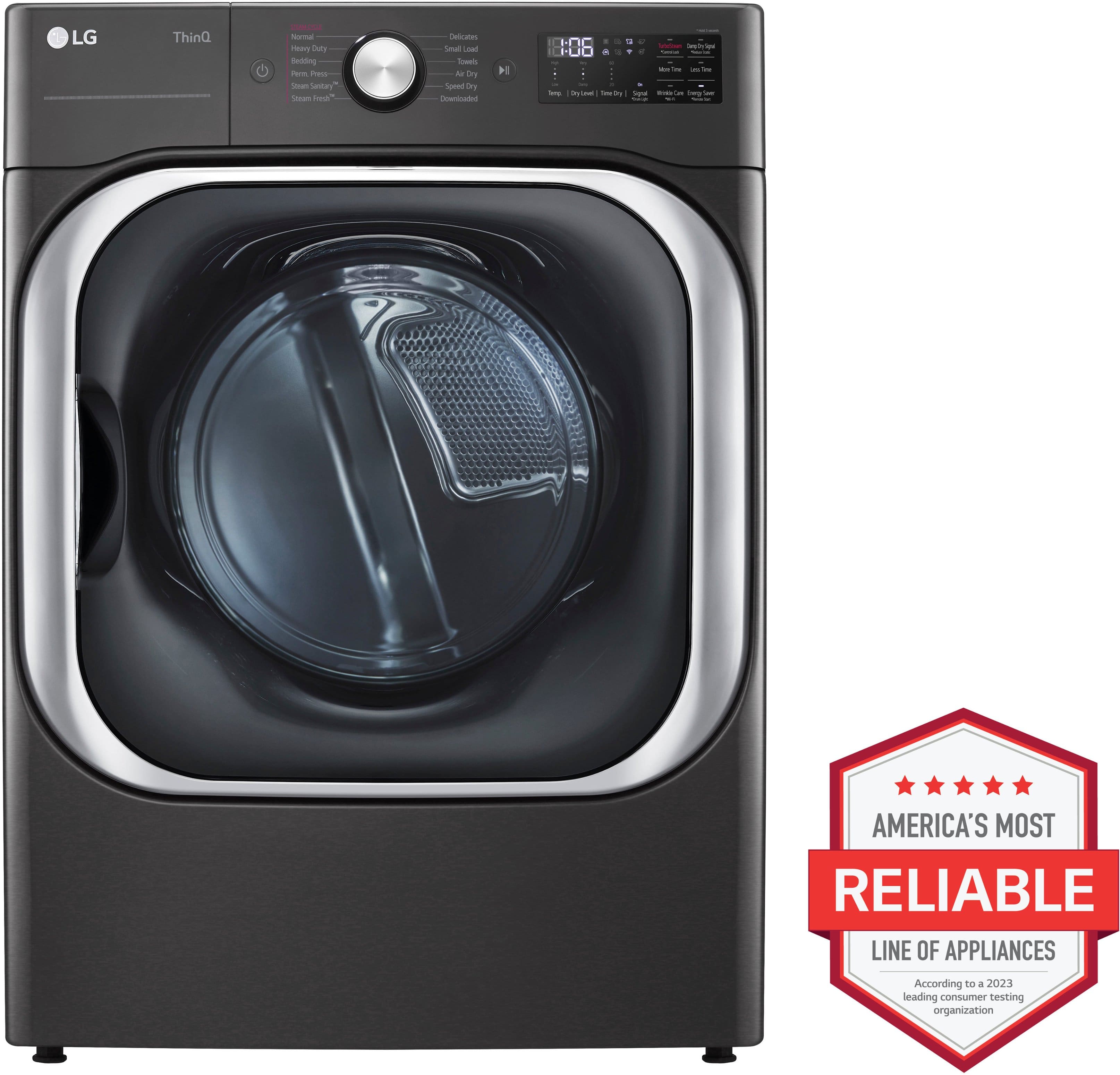 The image features an LG ThinQ electric dryer with a large glass door. The dryer is equipped with a digital display and a control knob. It is designed with a black and silver color scheme, and it is an energy-efficient appliance. The dryer is also labeled as America's most reliable line of appliances, as per the leading consumer organization.