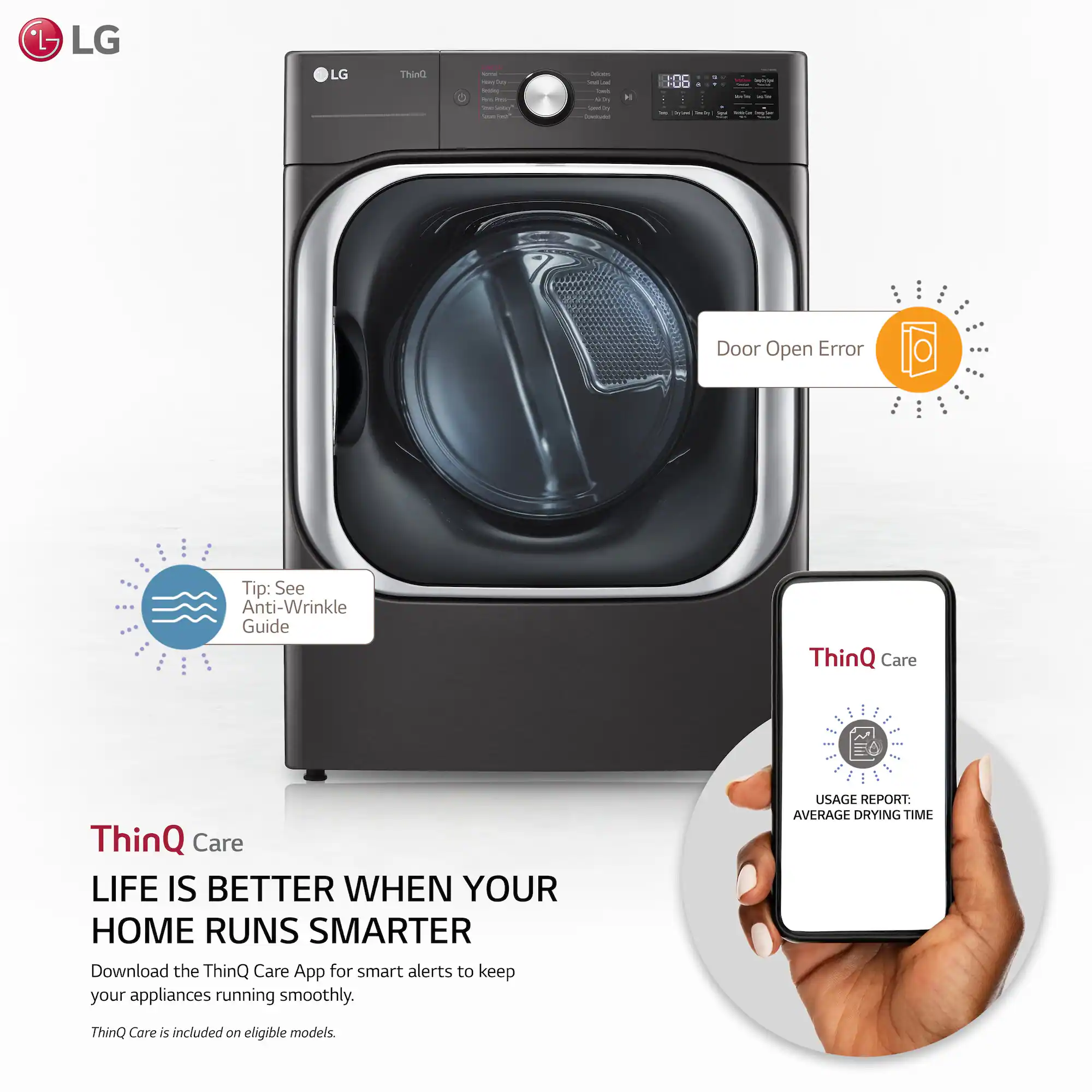 Zoom in on The image features an LG electric dryer with a smartphone next to it. The smartphone displays the usage report for the dryer, which shows the average drying time. The image also highlights the ThinQ Care app, which provides smart alerts to keep the appliances running smoothly. The advertisement emphasizes that life is better when your home runs smarter, and the ThinQ Care app is included on eligible models.