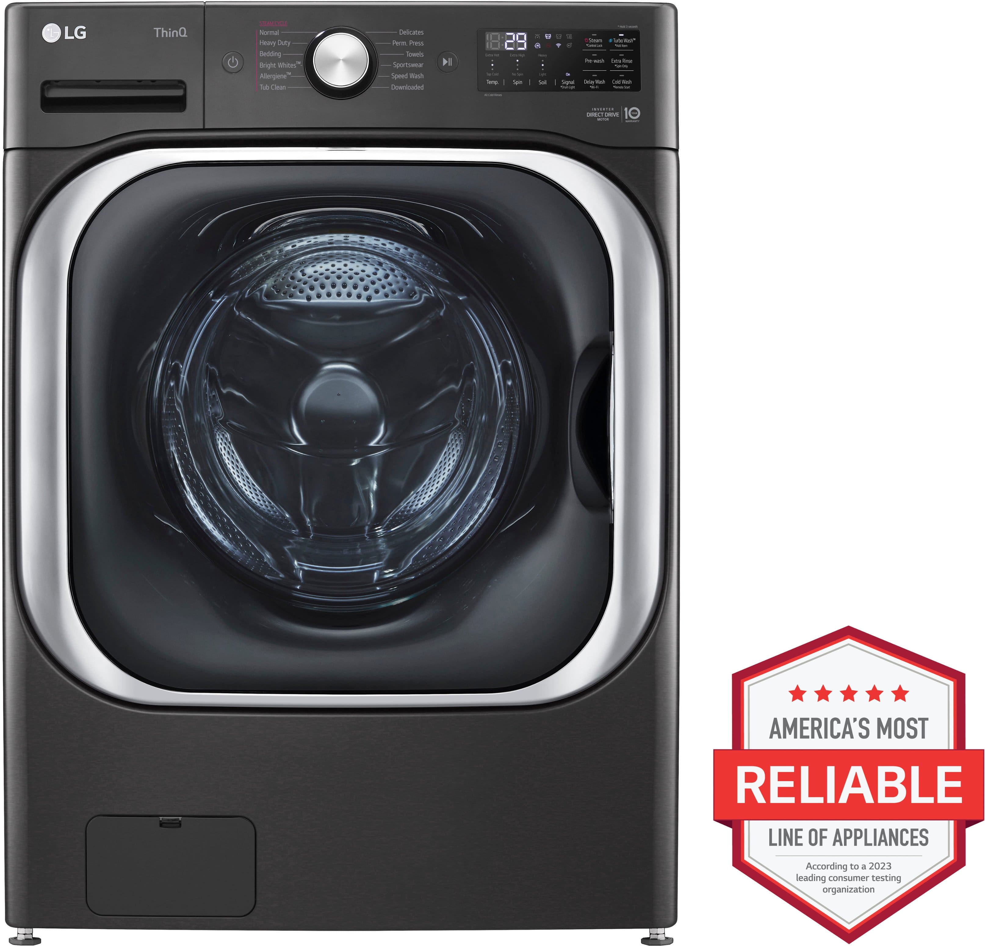The image features a large LG washing machine with a black door and a glass window. The machine is designed with a spin cycle and is equipped with a digital display. The washer is described as America's most reliable line of appliances, as indicated by the 2023 Reader's Digest Best Buy award. The machine is also labeled as an LG ThinQ appliance, which suggests that it may be smart and connected to the internet for added convenience and features.