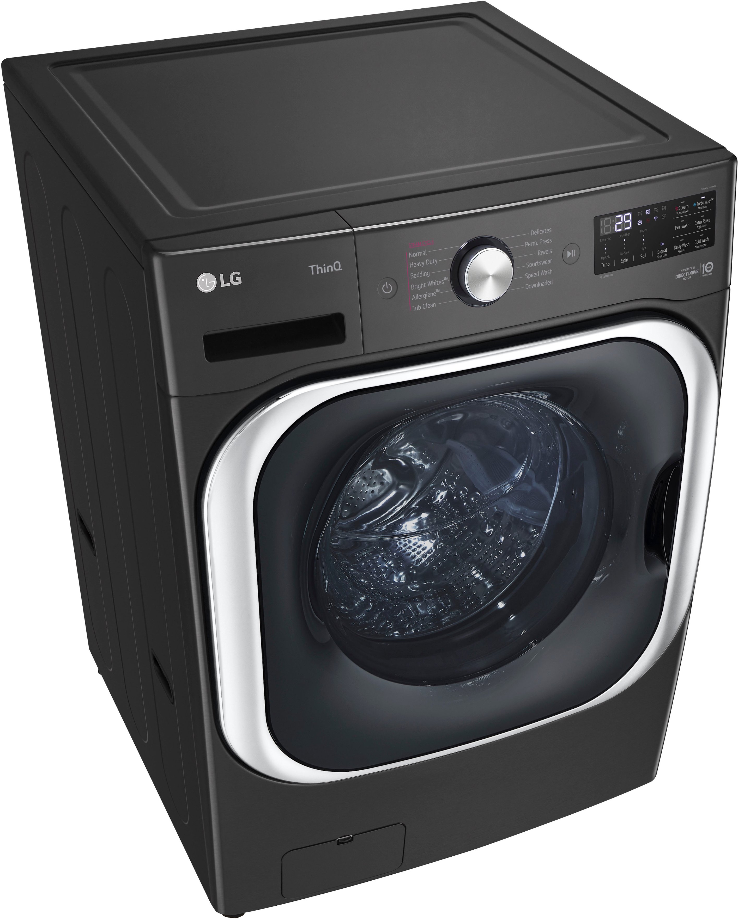 Left View: LG - 5.2 Cu. Ft. High-Efficiency Stackable Smart Front Load Washer with Steam and TurboWash - Black steel