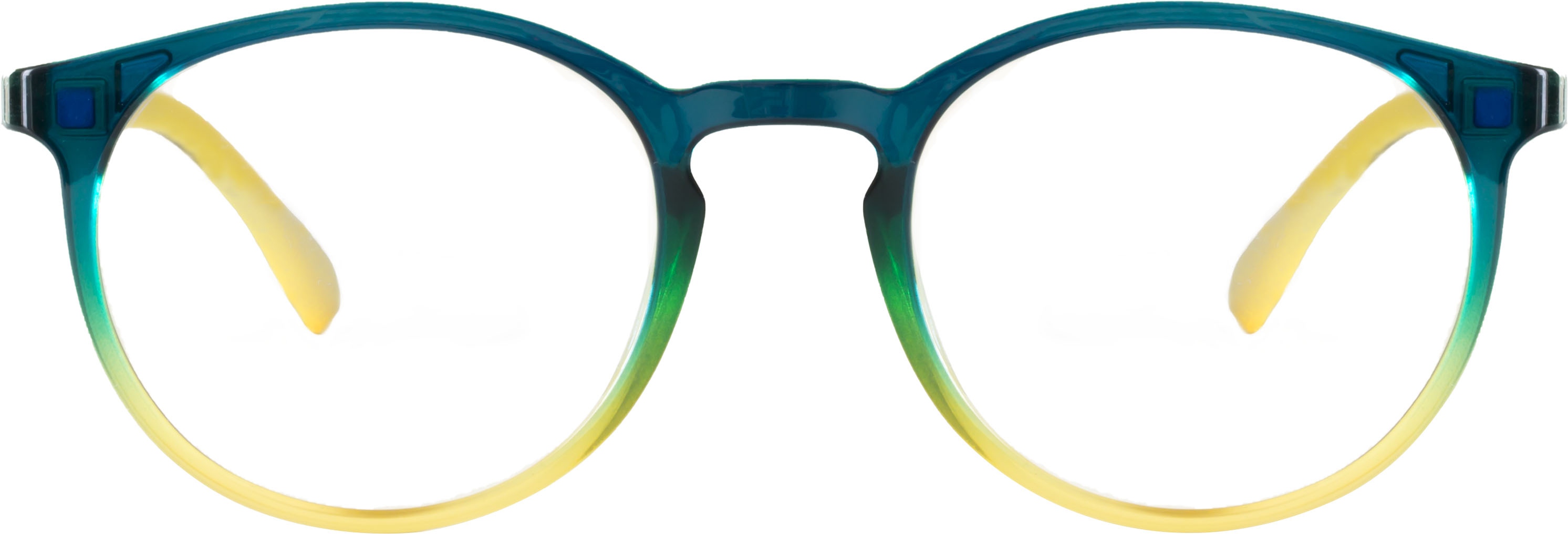 Left View: Wavebalance - BlueDuo, Poet, Blue Light Reducing Glasses with Magnetic Sunglass Clip-On- Tie Dye - Blue & Yellow
