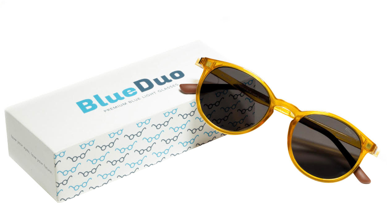 Left View: Wavebalance - BlueDuo, Poet, Blue Light Reducing Glasses with Magnetic Sunglass Clip-On- Honey - Yellow