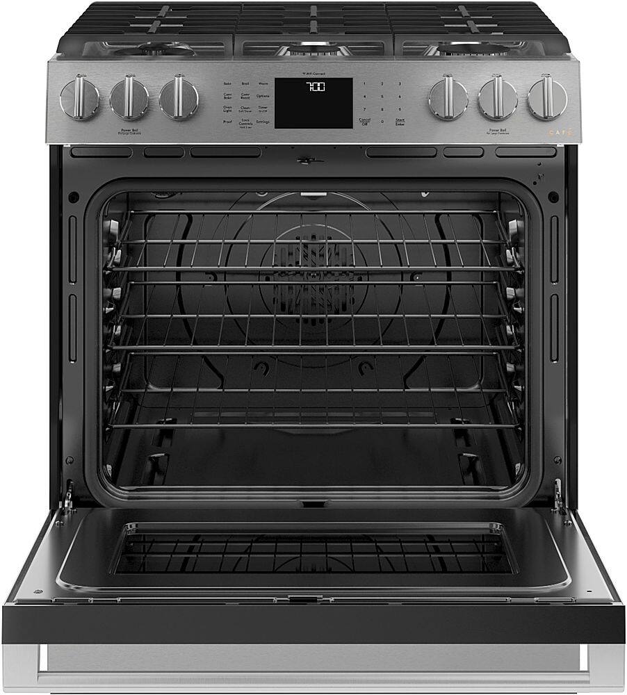 Alt View 11. Café - 5.6 Cu. Ft. Slide-In Gas Convection Range with Modern Glass, Customizable - Platinum Glass.