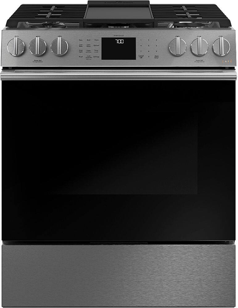 Alt View 13. Café - 5.6 Cu. Ft. Slide-In Gas Convection Range with Modern Glass, Customizable - Platinum Glass.