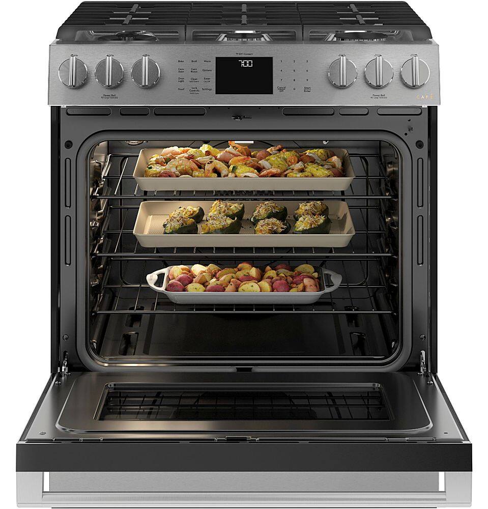 Alt View 14. Café - 5.6 Cu. Ft. Slide-In Gas Convection Range with Modern Glass, Customizable - Platinum Glass.