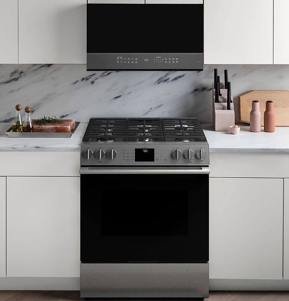 Alt View 15. Café - 5.6 Cu. Ft. Slide-In Gas Convection Range with Modern Glass, Customizable - Platinum Glass.