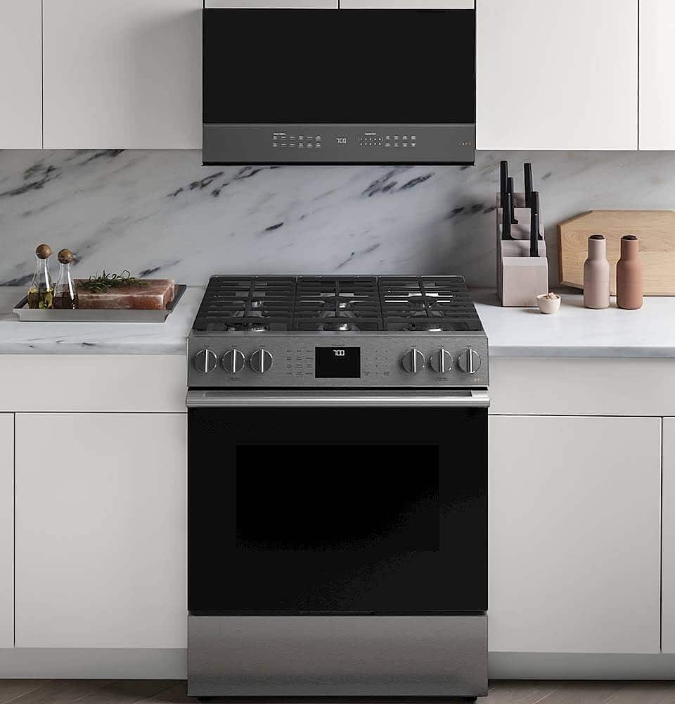 Alt View 19. Café - 5.6 Cu. Ft. Slide-In Gas Convection Range with Modern Glass, Customizable - Platinum Glass.