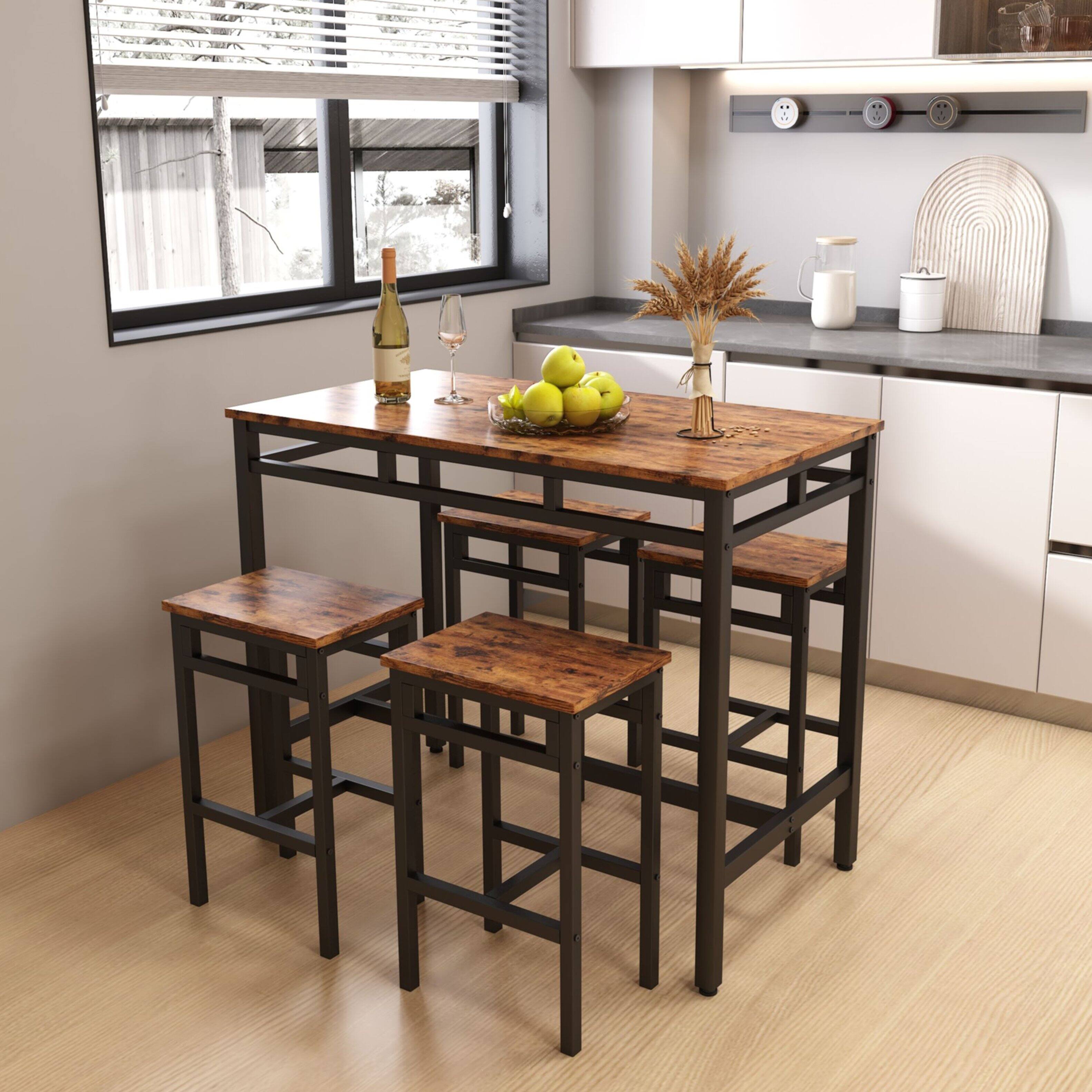 Alt View 5. Ecooso - Bar table set 5PC Dinging table set with high stools, structural strengthening, industrial style - Rustic Brown.