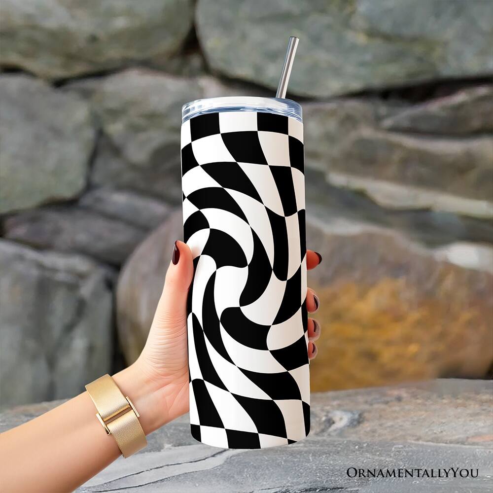 Back. OrnamentallyYou - Black and White Checkerboard Swirl 20oz Tumbler With Lid and Stainless Steel Straw - Multicolored.