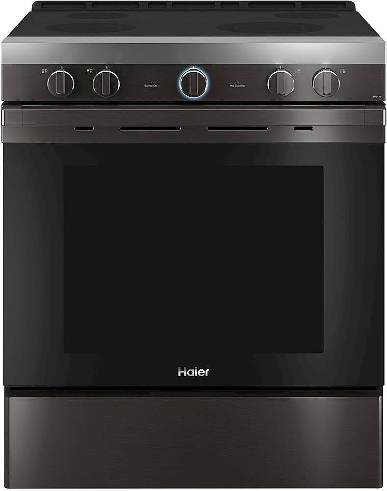 Left View: Haier - 5.7 Cu. Ft. Slide-In Electric Convection Range with Steam Cleaning, Built-In Wi-Fi, and No-Preheat Air Fry - Fingerprint Resistant Black Stainless