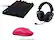 The image features a computer keyboard, a mouse, and a pair of headphones. The keyboard is a black and colorful model, while the mouse is pink. The headphones are black and white. The text on the image reads, "Devices sold separately."