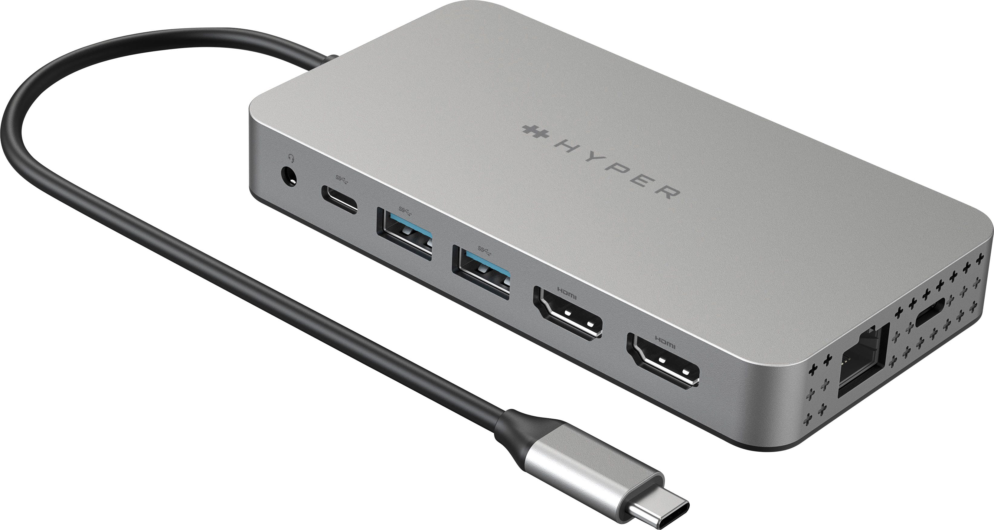 Front. Hyper - HyperDrive Dual 10 Port USB-C Hub, 4K HDMI, Ethernet, 1 USB-C, 2 USB-A, microSD/SD, travel dock for M1/M2/M3 MacBook - Gray.