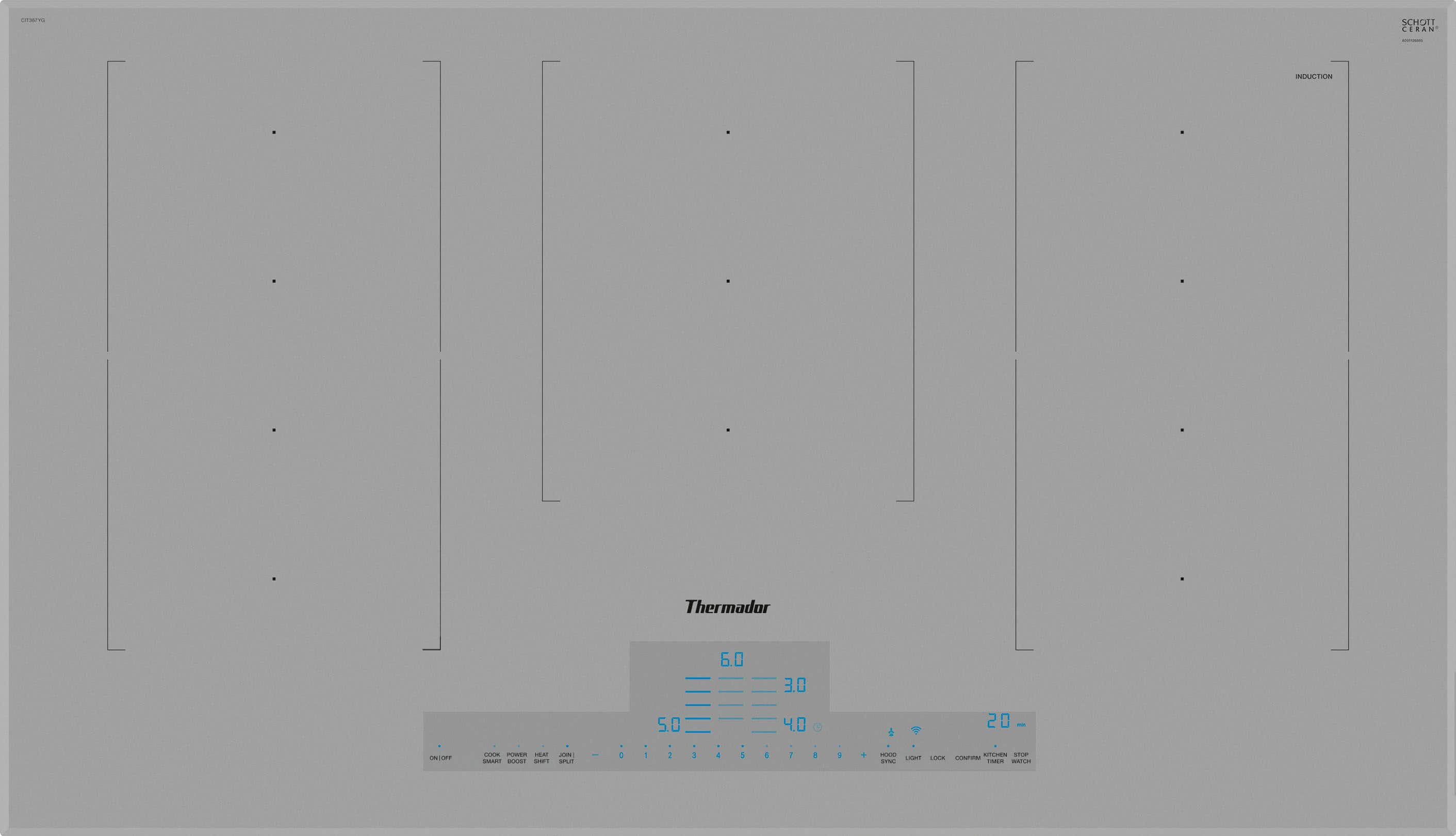Front. Thermador - Liberty Series 36" Built-In Electric Induction Cooktop with 5 elements, 3 Flex Zones and Wifi - Titanium Gray.