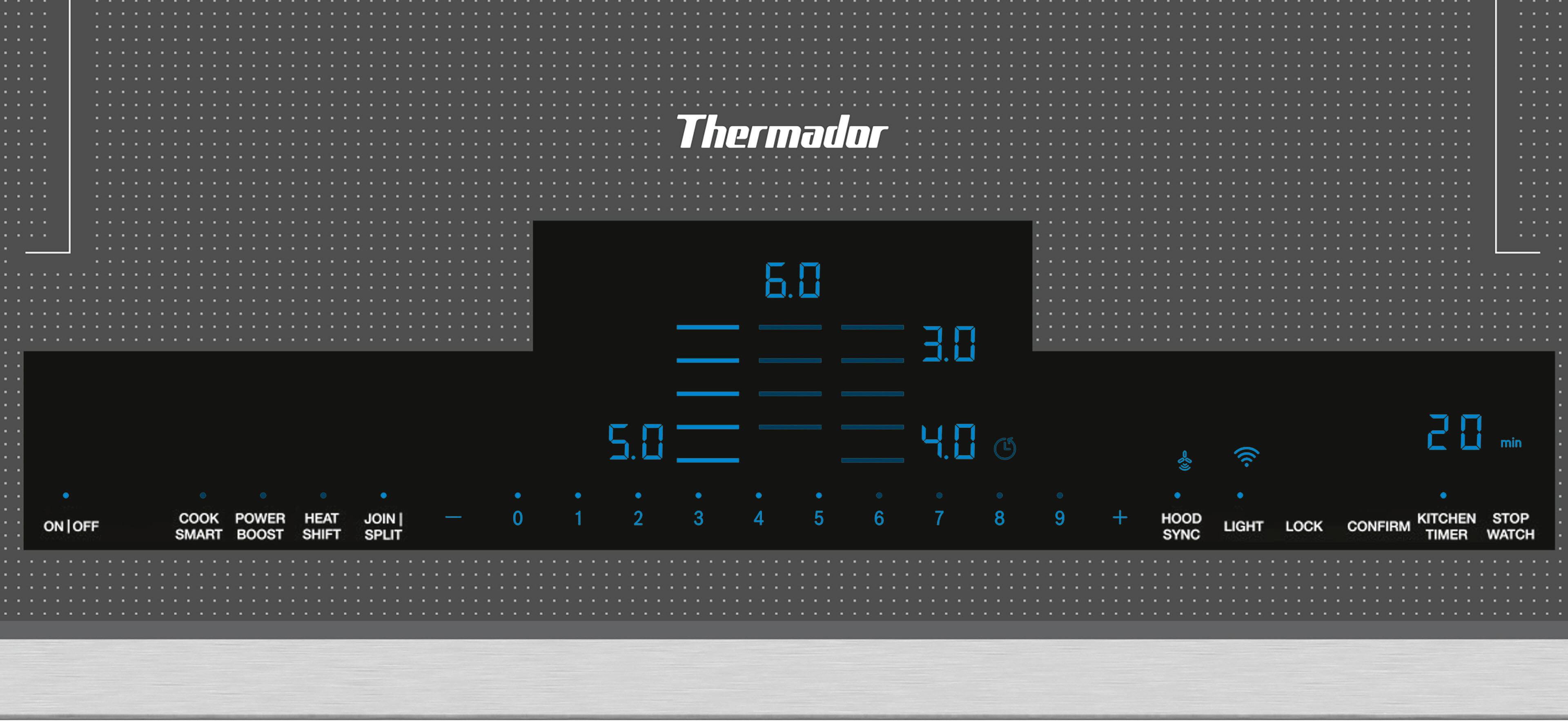Angle. Thermador - Liberty Series 36" Built-In Electric Induction Cooktop with 5 Elements, 3 Flex Zones, Wife and Frame - Silver.