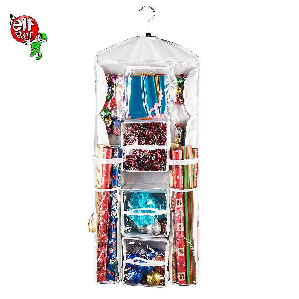 Hastings Home - Dual Sided Wrapping Paper Storage Organizer Gift Wrap Station Compartments for 30” Rolls, Ribbon, Bags & More - Clear