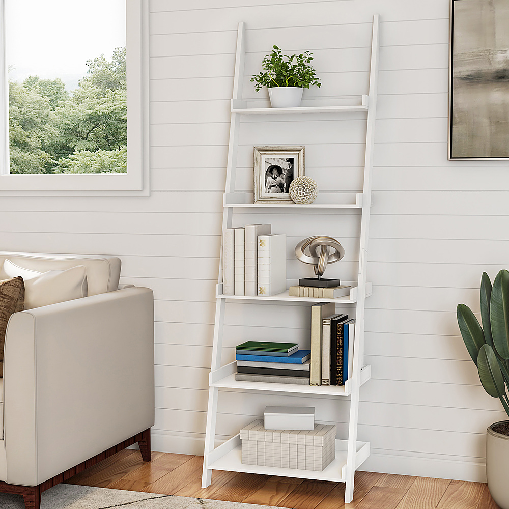 Hastings Home - Ladder Bookshelf - 5 Tier Leaning Decorative Shelves -  Living Room, Bathroom & Kitchen Shelving - White
