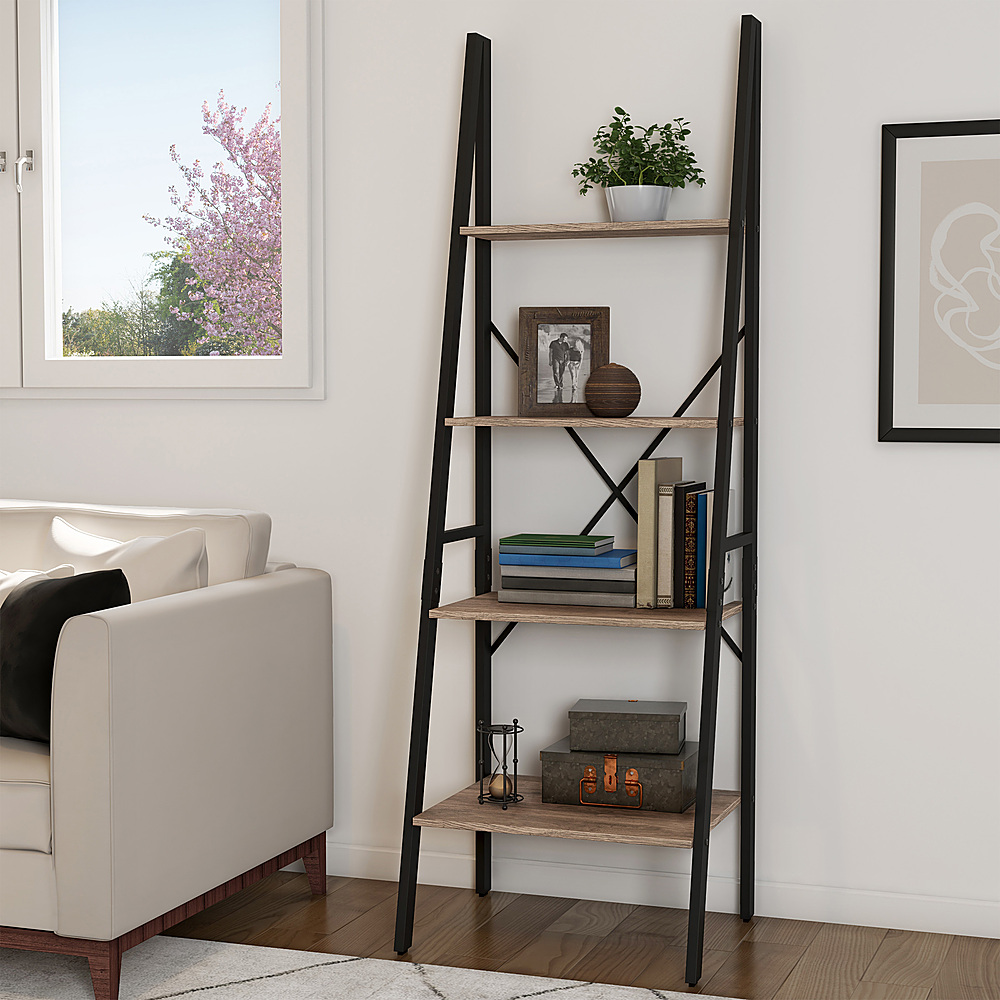 Hastings Home - Ladder Bookshelf - 4 Tier Leaning Decorative Shelves -  Living Room, Bathroom & Kitchen Shelving - Gray