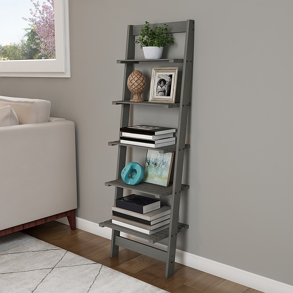 Hastings Home - 5-Tier Ladder Bookshelf- Leaning Decorative Shelves for Display- Home Decor for Living Room, Bathroom & Kitchen - Gray