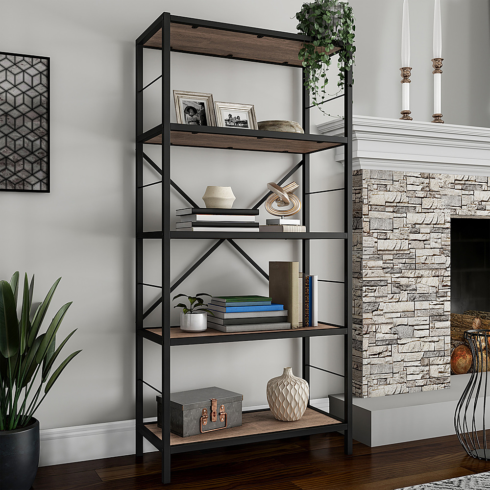 Hastings Home - 5-Tier Bookshelf - Open Industrial Style Etagere Wooden Shelving Unit - Rustic Decoration for Storage and Display - Brown