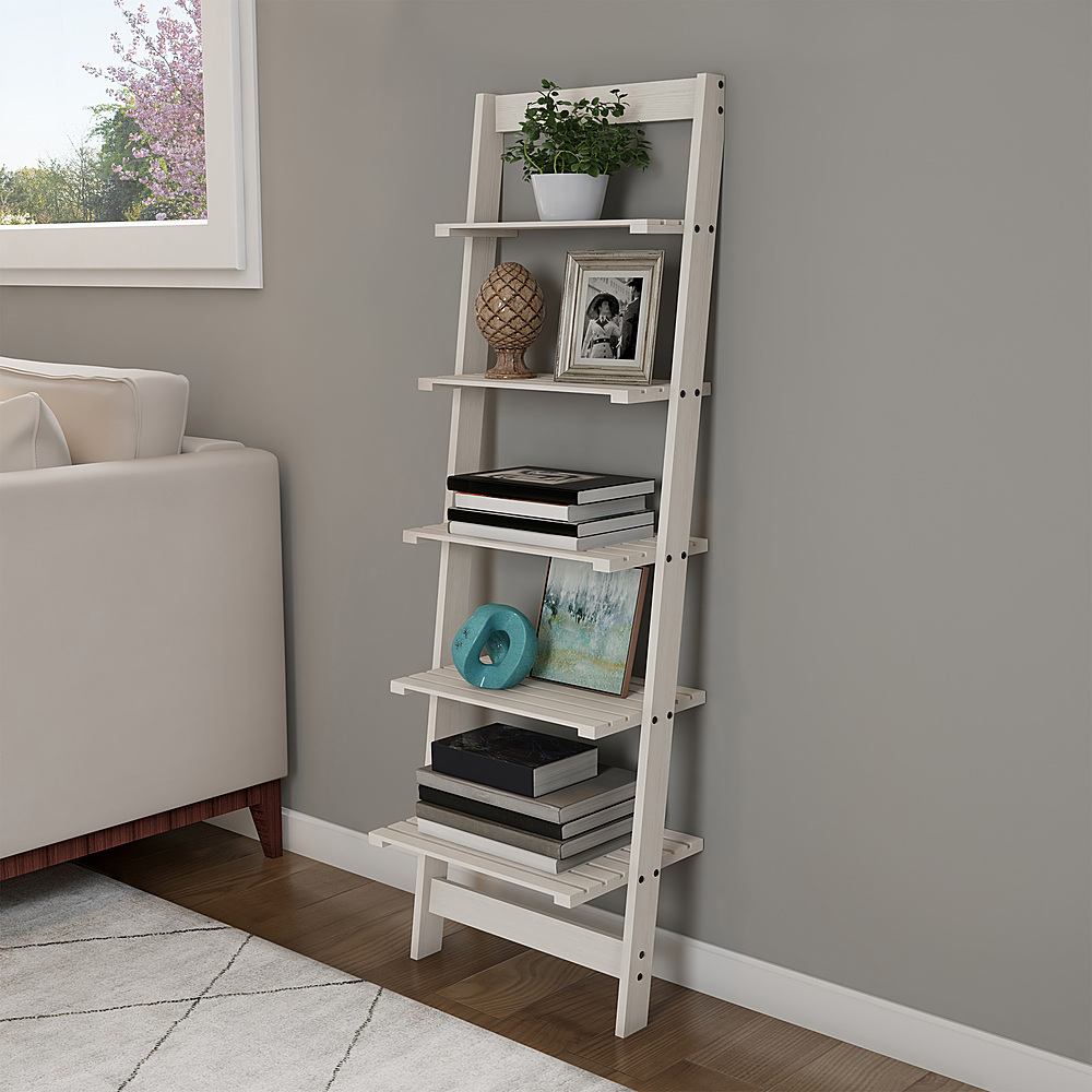 Hastings Home - 5-Tier Ladder Bookshelf- Leaning Decorative Shelves for Display- Home Decor for Living Room, Bathroom & Kitchen - White