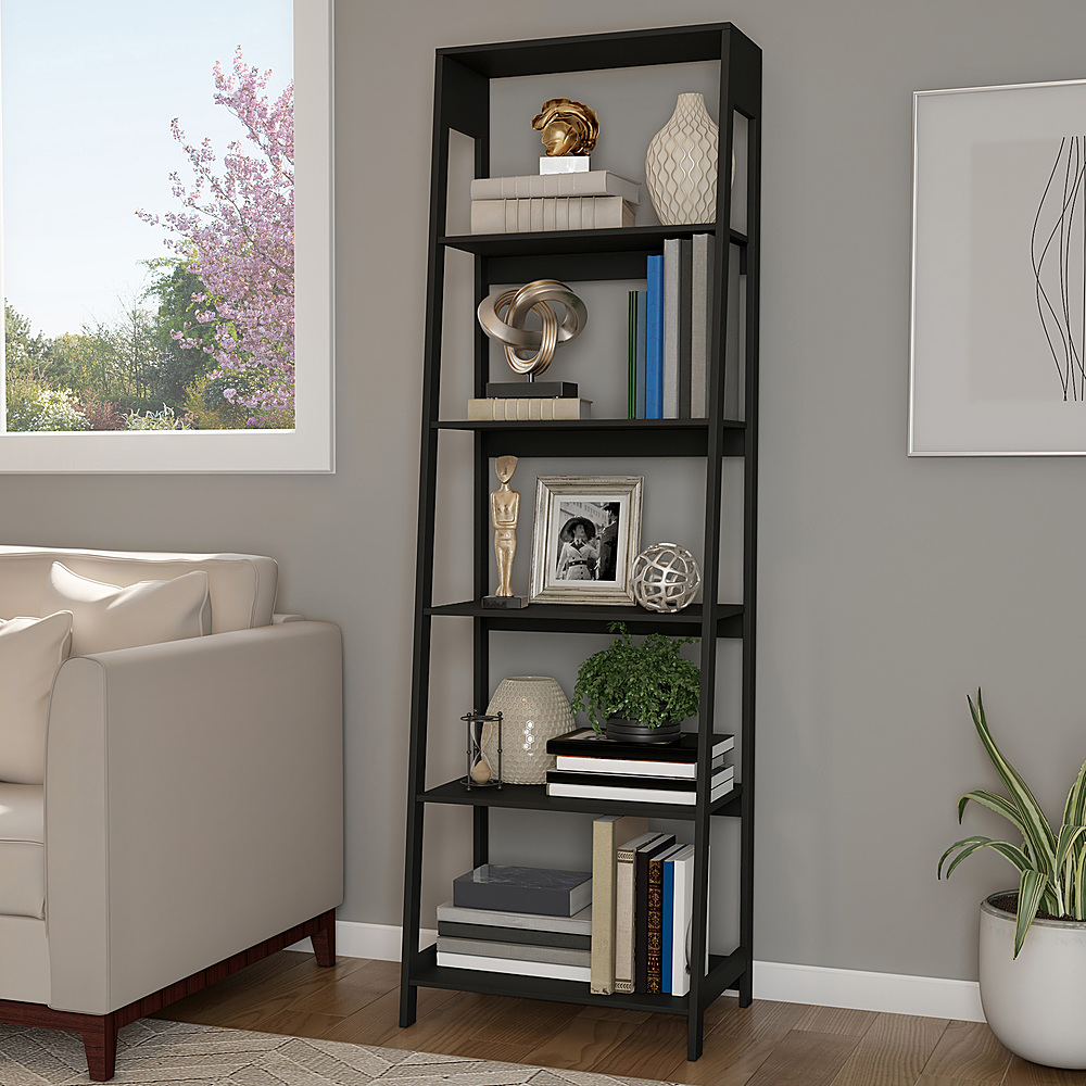 Hastings Home - 5 Shelf Ladder Bookshelf- Free Standing Wooden Tiered Bookcase with Frame & Leaning Look for Home & Office Storage - Black