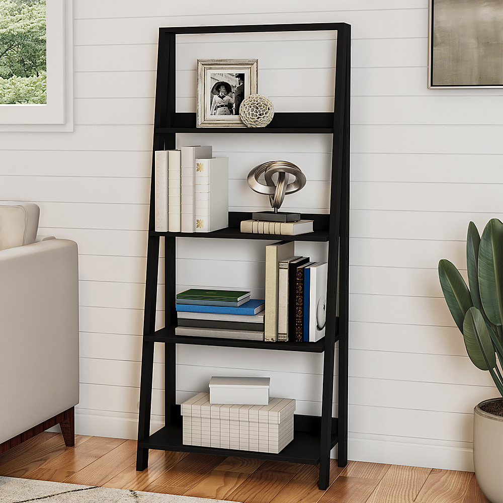 Hastings Home - 4 Tier Ladder Bookshelf - Free Standing Wooden Tiered Bookcase with Frame and Display Shelves for Living Room Storage - Black