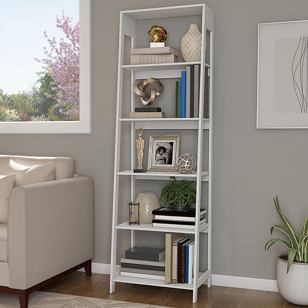 Hastings Home - 5 Shelf Ladder Bookshelf- Free Standing Wooden Tiered Bookcase with Frame & Leaning Look for Home & Office Storage - White