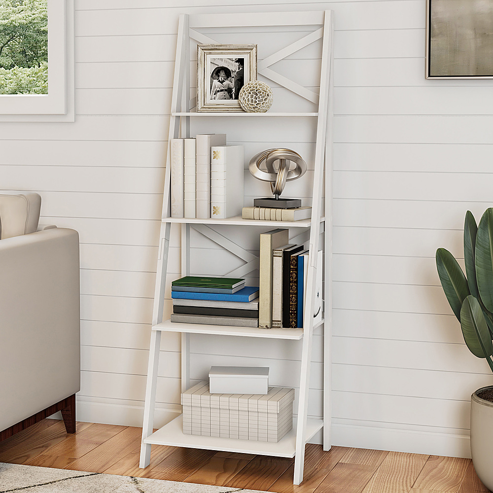 Hastings Home - 4 Shelf Ladder Bookshelf - Free Standing Tiered Bookcase, X Back Frame and Leaning Look for Home and Office - White