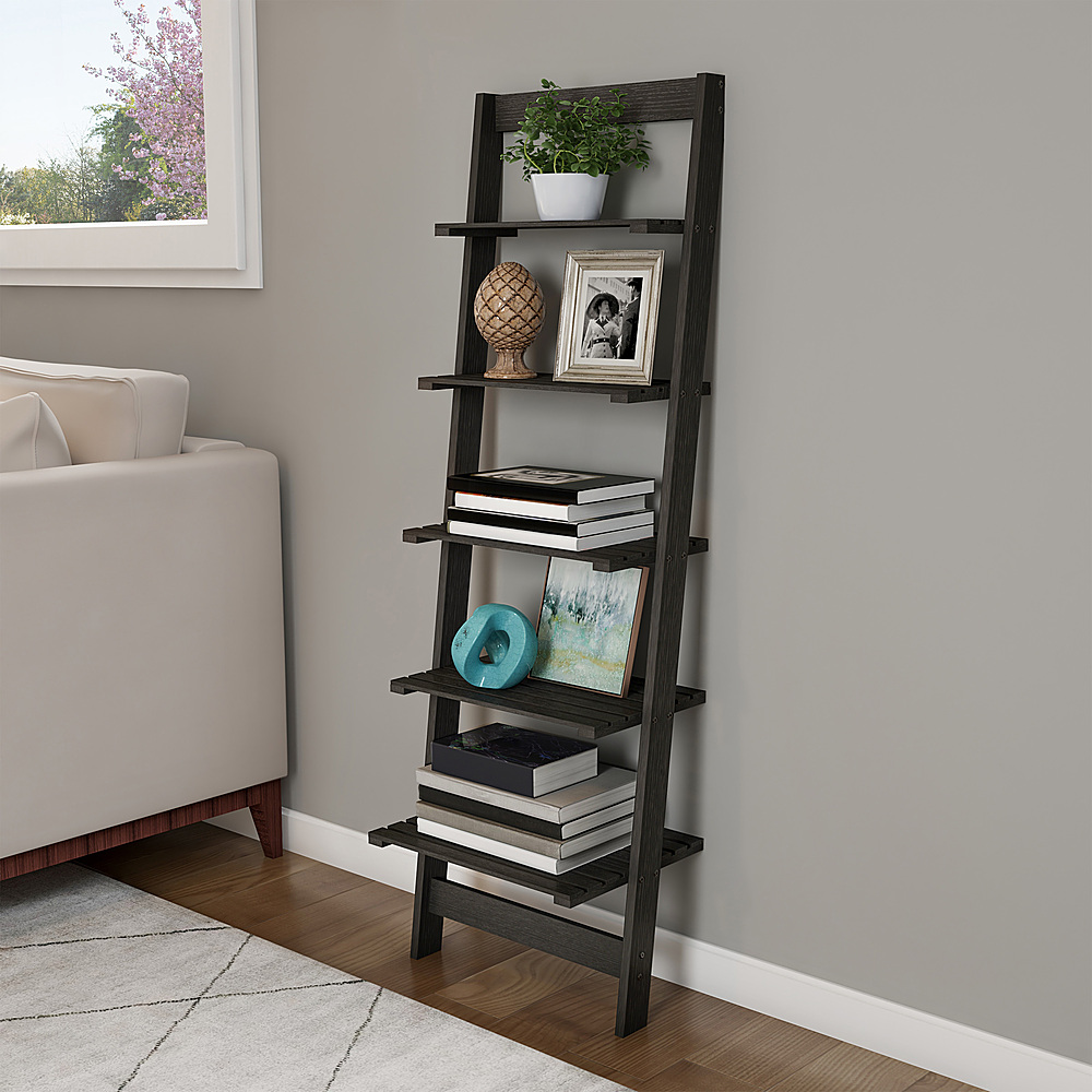 Hastings Home - 5-Tier Ladder Bookshelf- Leaning Decorative Shelves for Display- Home Decor for Living Room, Bathroom & Kitchen - Black
