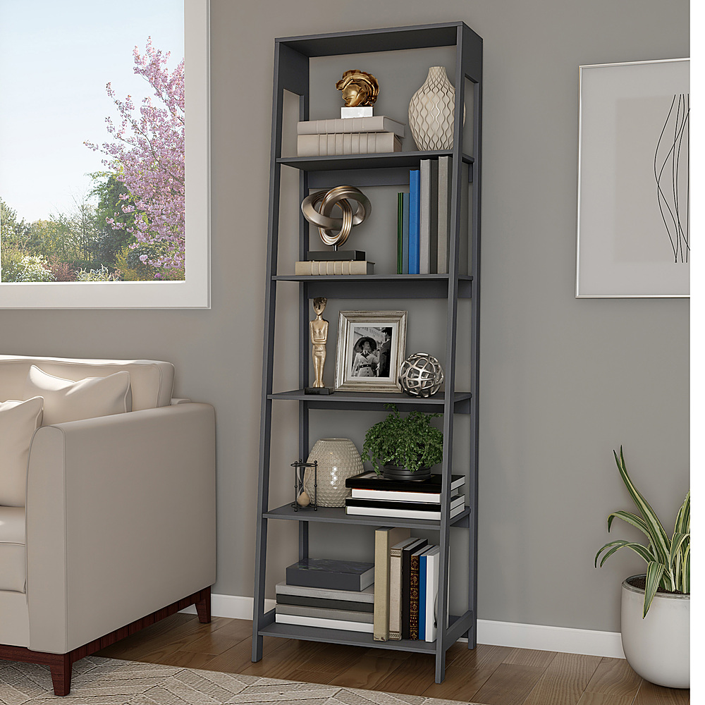 Hastings Home - 5 Shelf Ladder Bookshelf - Leaning Look - Gray
