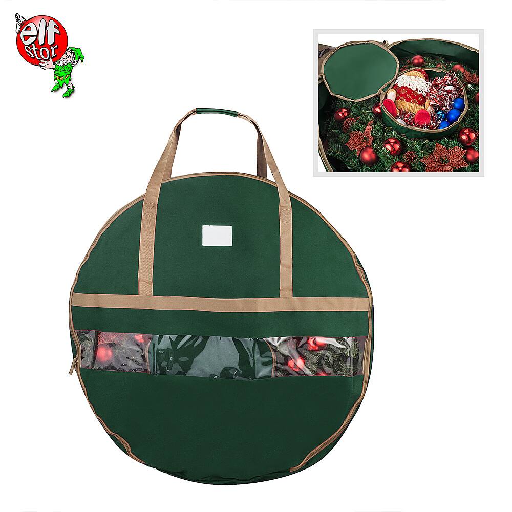 Hastings Home - Wreath Storage Bag- 48” Round-Interior Compartment for Ornaments & Clear Window - Green