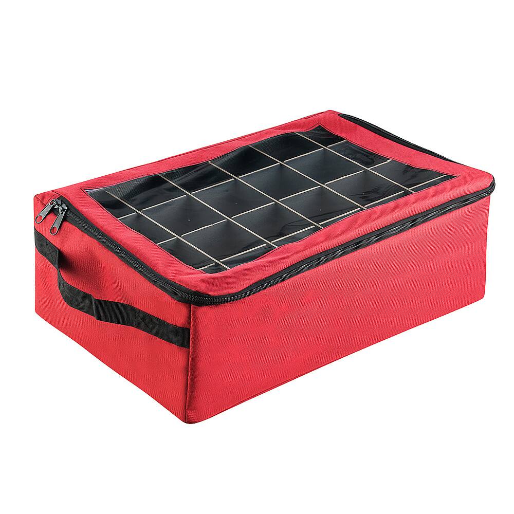 Hastings Home - Ornament Storage Box- Holiday Organizer-48 Compartments, 2 Trays & Dividers Zippered Window Lid - Red