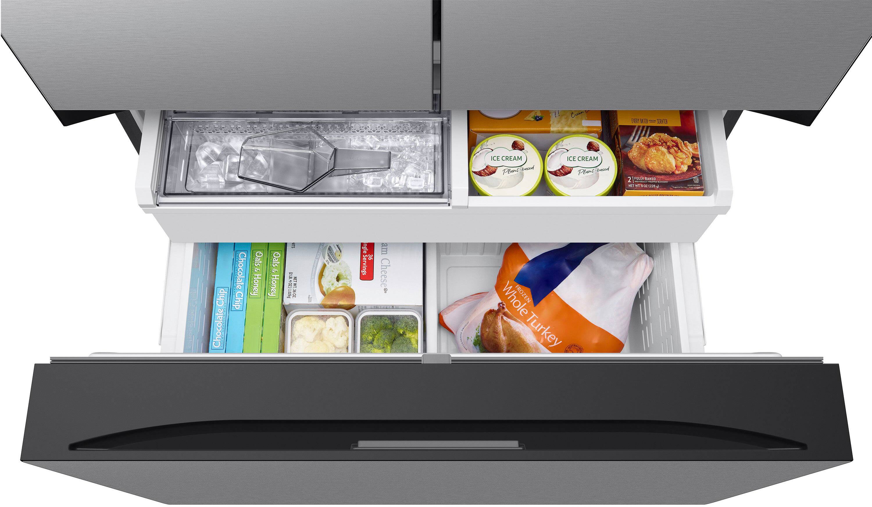 The image shows a refrigerator with its door open, revealing various food items inside. There are multiple containers of ice cream, including flavors such as chocolate, honey, and chocolate chip. Additionally, there are two containers of yogurt, one of which is blueberry yogurt. The refrigerator also contains a frozen turkey, which is placed on the bottom shelf. The assortment of food items in the refrigerator suggests a diverse range of options for meal planning and consumption.
