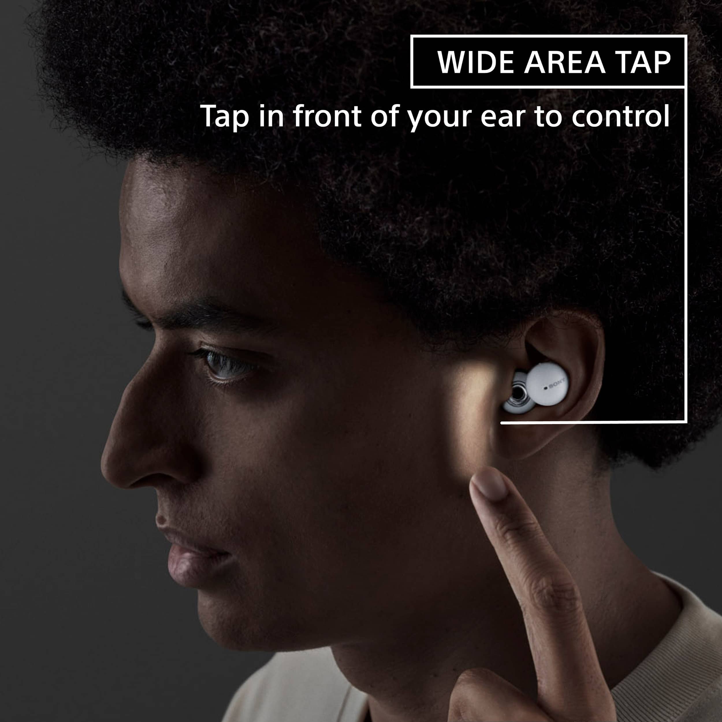 Wide Area Tap: Tap in front of your ear to control.