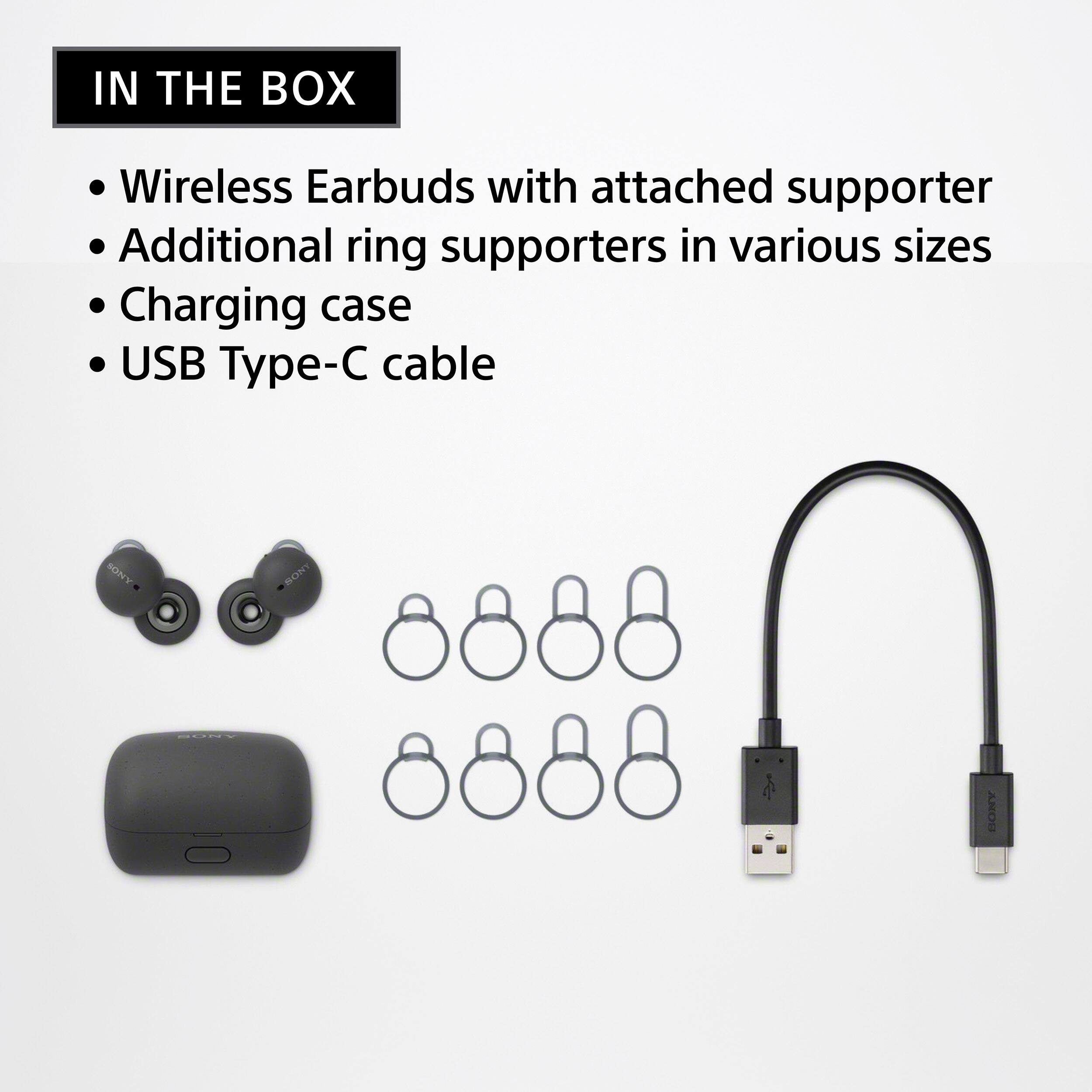 In the box, you will find wireless earbuds with an attached supporter, additional ring supporters in various sizes, a charging case, and a USB Type-C cable.