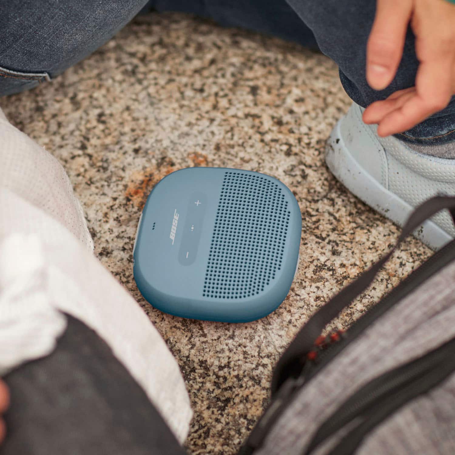 Left. Bose - SoundLink Micro Portable Bluetooth Speaker with Waterproof Design - Stone Blue.