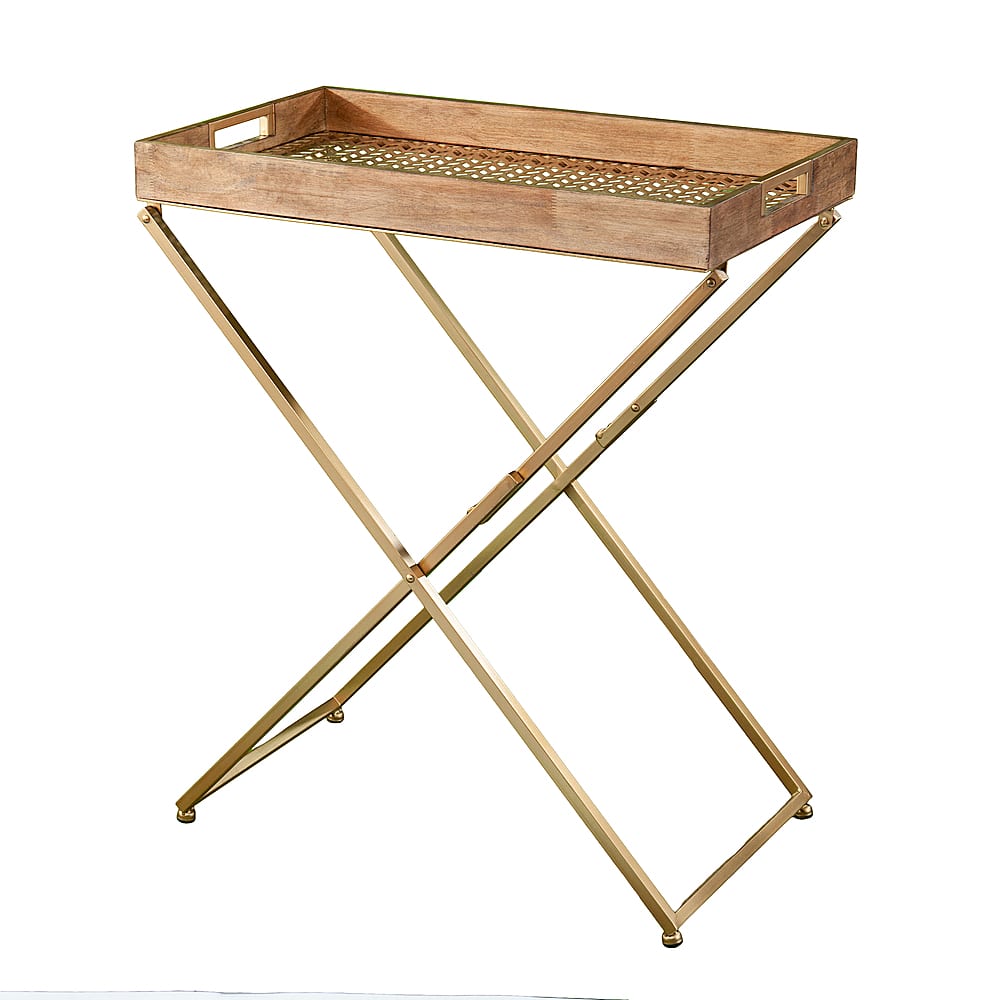 Left View: SEI Furniture - Vizela Folding Side Table - Natural and gold finish