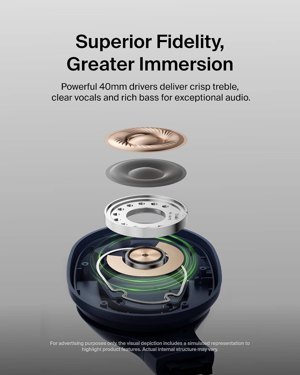 Superior Fidelity, Greater Immersion

Powerful 40mm drivers deliver crisp treble, clear vocals and rich bass for exceptional audio.

For advertising purposes only, the visual depiction includes a simulated representation to highlight product features. Actual internal structure may vary.