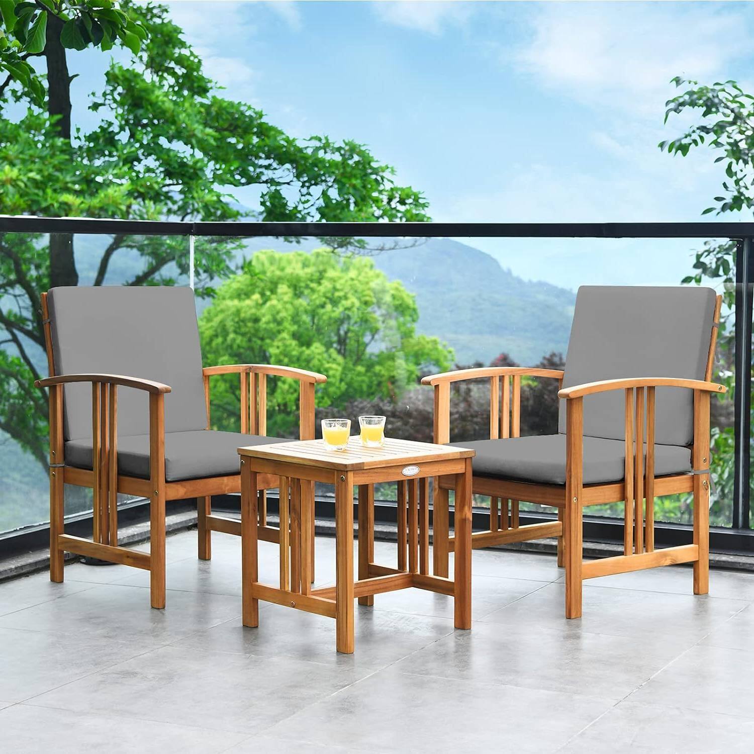 Left. Hivvago - 3-Piece Solid Wood Outdoor Patio Furniture Chairs Table Set with Grey Cushions - Brown.