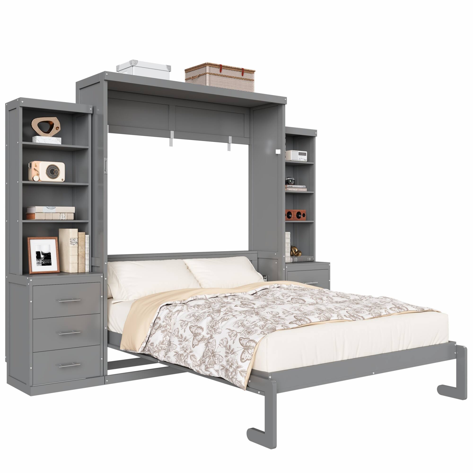 Back. Whisen - Full Size Murphy Bed with Storage Shelves & Drawers, MDF & Pine Wood Space-Saving Bed - Gray.
