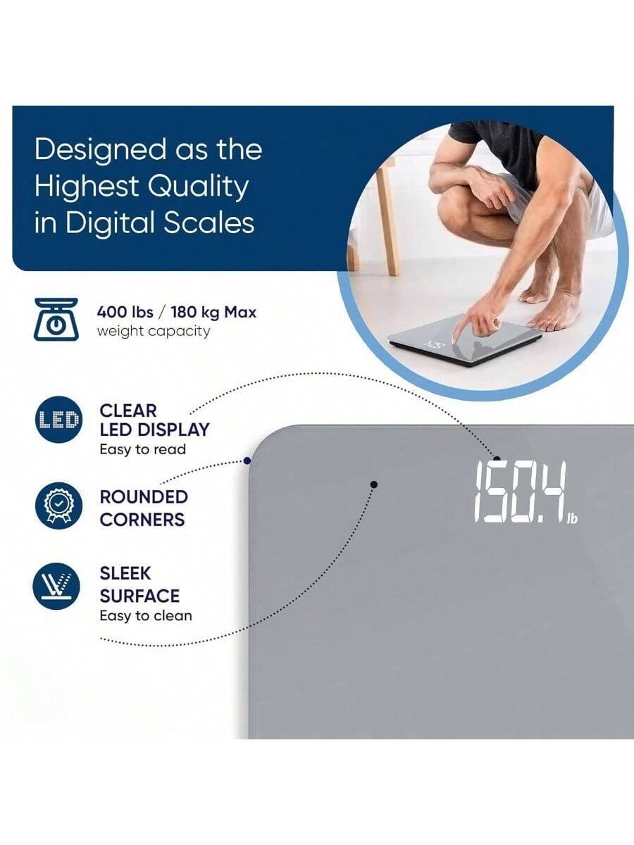 Designed as the Highest Quality in Digital Scales

- 400 lbs / 180 kg Max weight capacity
- CLEAR LED DISPLAY Easy to read
- ROUNDED CORNERS
- SLEEK SURFACE Easy to clean