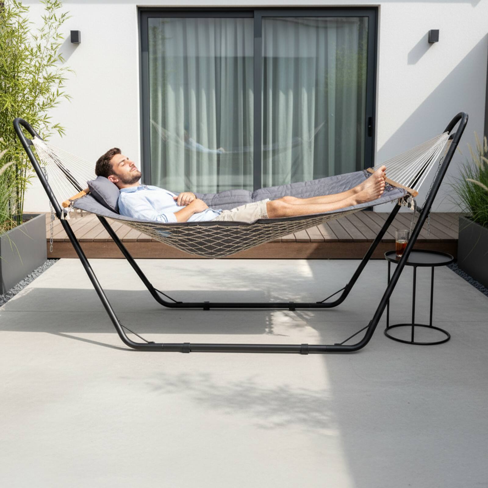 Alt View 6. Winado - 10 FT Hammock Set, Hammock with Stand, Rope Hammock, Pillow, Pad, Adjustable Steel Chains for Outdoor Garden Backyard - Black & Grey.