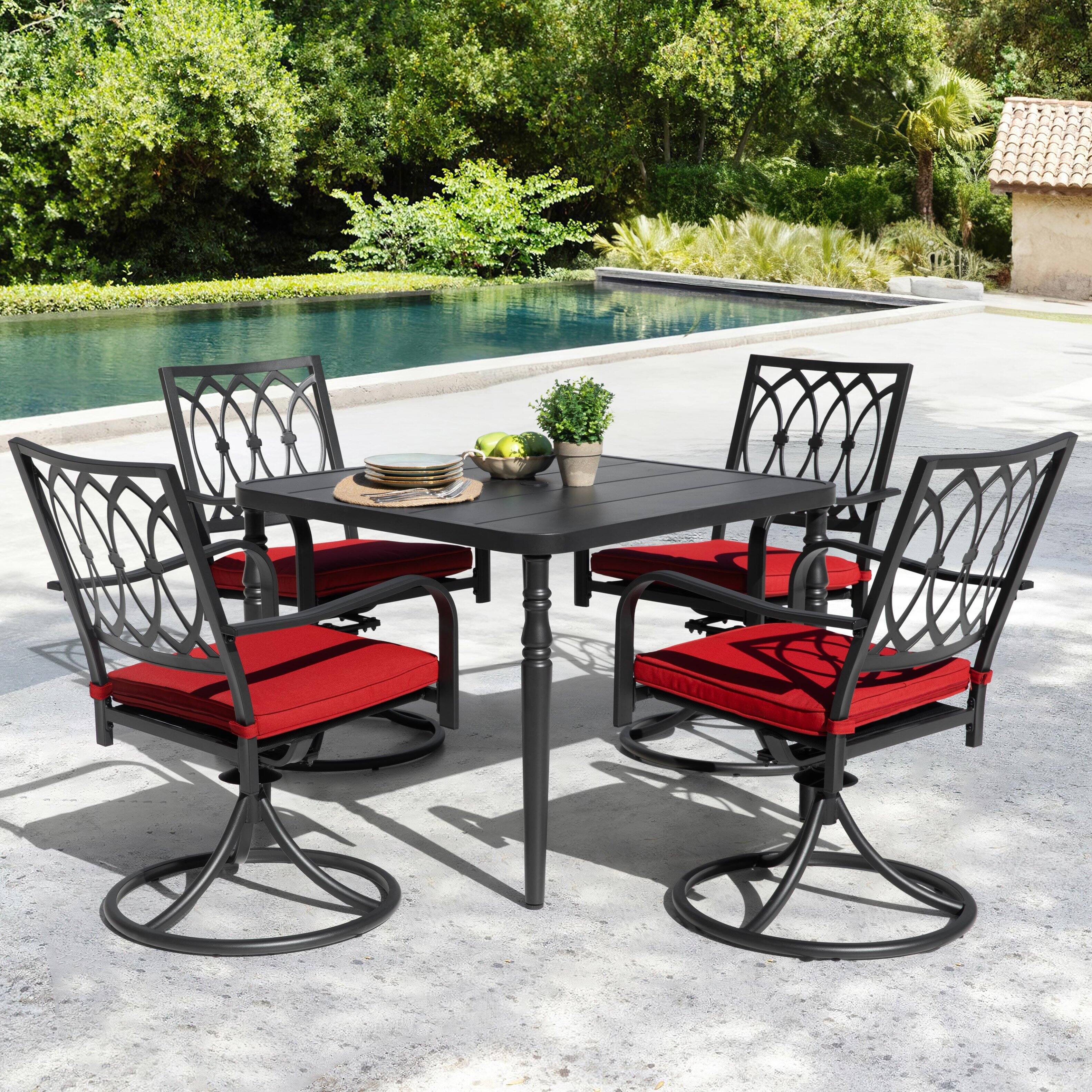 Angle. Nuu Garden - 5PCS Metal Patio Dining Set with Umbrella Hole, Swivel Chairs with Cushions - Black and Red.